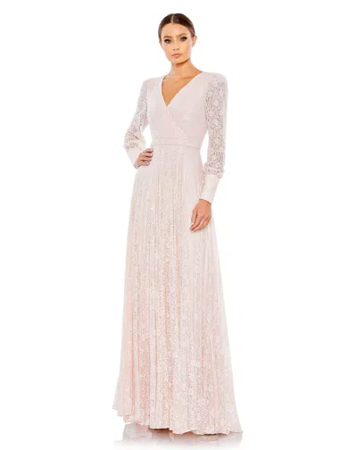 Mac Duggal Beaded Lace Long Sleeve Wrap Over Gown In Light Rose