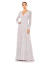 Mac Duggal Beaded Lace Long Sleeve Wrap Over Gown In Multi