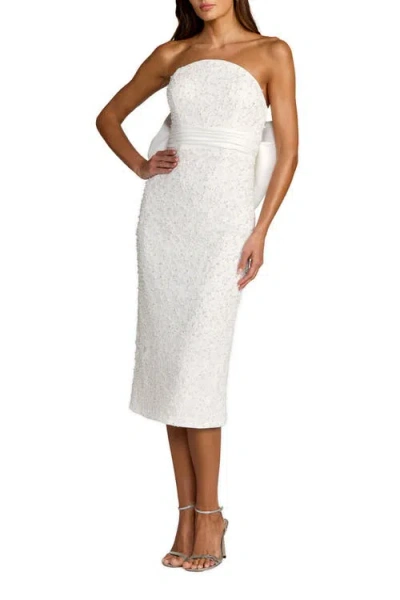 Mac Duggal Beaded Lace Strapless Bow Detail Fitted Midi Dress In White