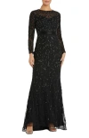 Mac Duggal Beaded Long Sleeve Evening Gown In Black