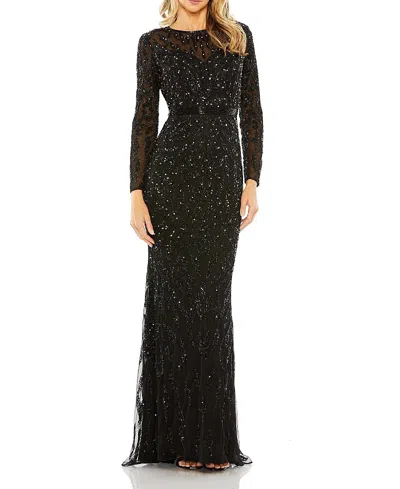 Mac Duggal Beaded Long Sleeve Evening Gown In Black