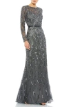 Mac Duggal Beaded Long Sleeve Evening Gown In Charcoal