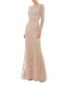 Mac Duggal Sequin & Pearl Beaded Long Sleeve Gown In Mocha