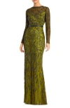 Mac Duggal Beaded Long Sleeve Evening Gown In Olive