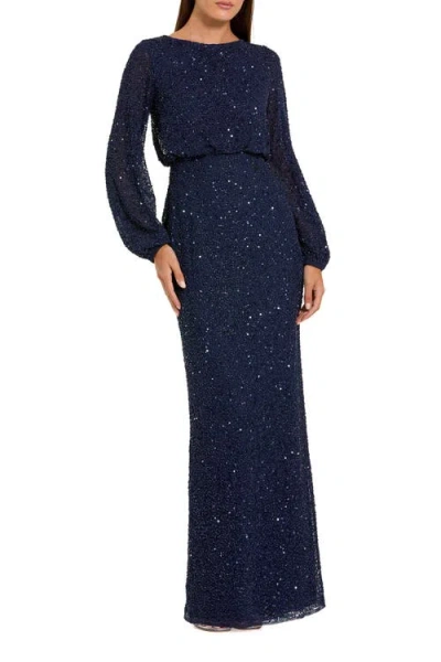 Mac Duggal Beaded Mesh Blouson Sleeve Evening Gown In Blue