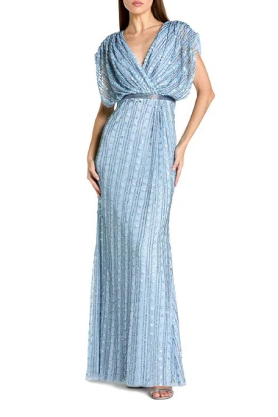 Mac Duggal Beaded Mesh Blouson V Neck Column Gown In Blue