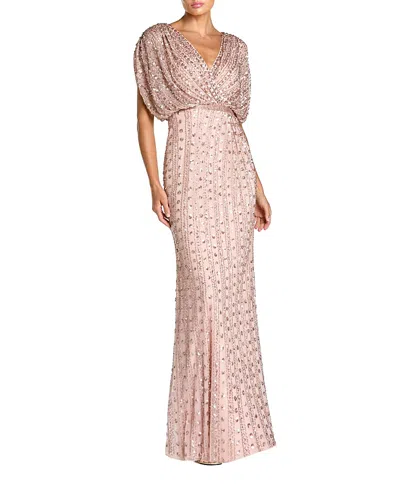 Mac Duggal Beaded Mesh Blouson V Neck Column Gown In Pink
