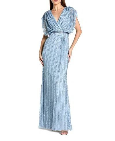 Mac Duggal Beaded Mesh Blouson V Neck Column Gown In Blue