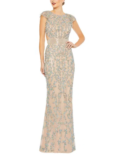 Mac Duggal Beaded Mesh Cap Sleeve High Neck Column Gown In Nude Multi