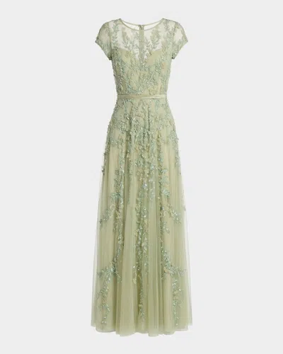 Mac Duggal Beaded Mesh Cap-sleeve Gown In Green