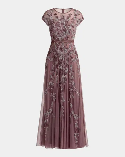 Mac Duggal Beaded Mesh Cap-sleeve Gown In Heather