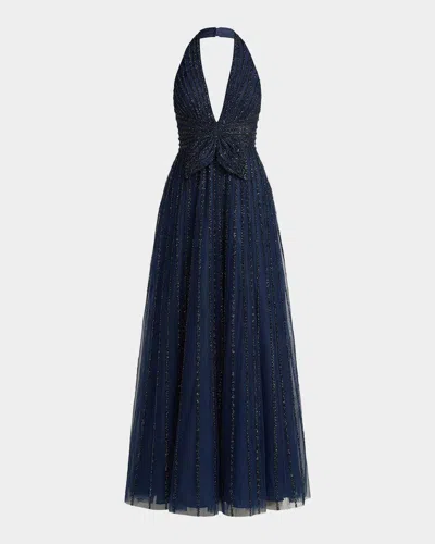 Mac Duggal Beaded Halter Neck Open Back Gown In Blue