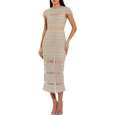 MAC DUGGAL MAC DUGGAL BEADED MESH FITTED MIDI DRESS WITH SHEER PANELS