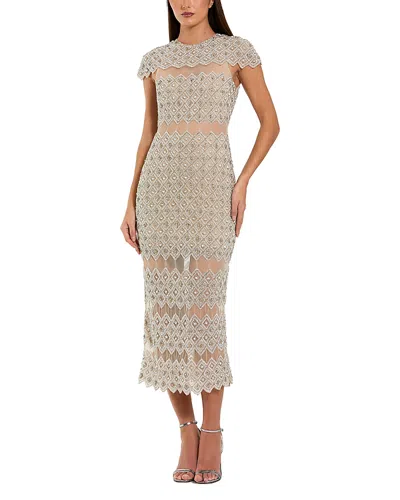 Mac Duggal Beaded Mesh Fitted Midi Dress With Sheer Panels In Neutral