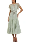 Mac Duggal Beaded Mesh Flutter Sleeve A Line Midi Dress In Seafoam