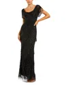 Mac Duggal Beaded Mesh Fringe Short Sleeve Column Gown In Black