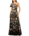 Mac Duggal Sequin Floral One-shoulder Mesh A-line Gown In Multi