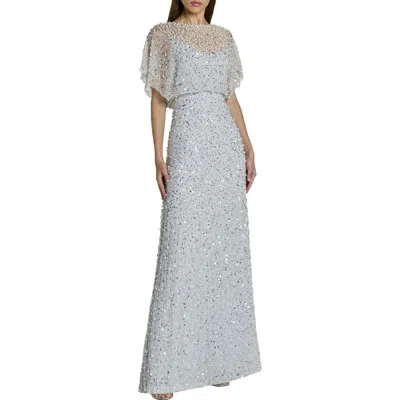 Mac Duggal Beaded Mesh Gown With Shawl In Blue