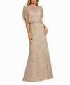 Mac Duggal Beaded Mesh Gown With Shawl In Nude Gold