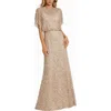 Mac Duggal Beaded Mesh Gown With Shawl In Nude Gold