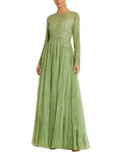 Mac Duggal Beaded Mesh Illusion High Neck A Line Gown In Green
