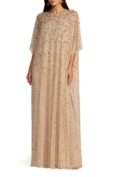 Mac Duggal Beaded Mesh Kaftan Evening Gown With Round Neck In Brown