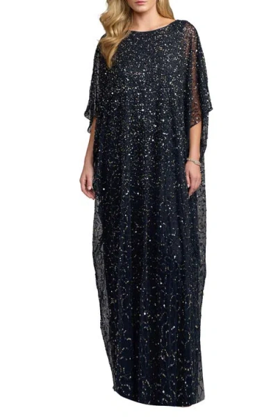 Mac Duggal Beaded Mesh Kaftan Evening Gown With Round Neck In Multi