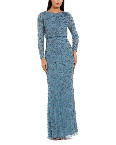 Mac Duggal Beaded Mesh Long Sleeve Blouson Top Gown In Blue
