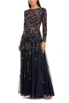 Mac Duggal Beaded Mesh Long Sleeve High Neck A Line Gown In Multi