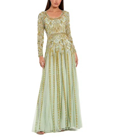 Mac Duggal Beaded Mesh Long Sleeve Scoop Neck A Line Gown In White