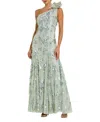 Mac Duggal Beaded Mesh One Shoulder Trumpet Gown With Flower In Sage