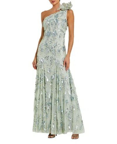 Mac Duggal Beaded Mesh One Shoulder Trumpet Gown With Flower In Sage
