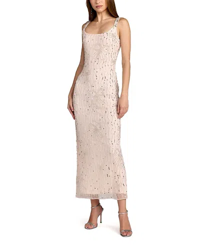 Mac Duggal Beaded Mesh Scoop Neck Fitted Gown With Bows In Neutral