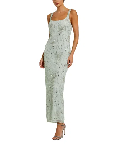 Mac Duggal Beaded Mesh Scoop Neck Fitted Gown With Bows In Seafoam