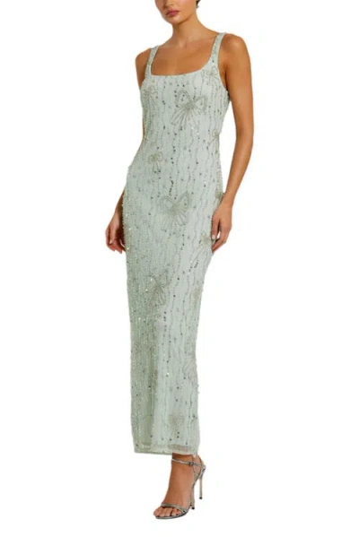 MAC DUGGAL MAC DUGGAL BEADED MESH SCOOP NECK FITTED GOWN WITH BOWS