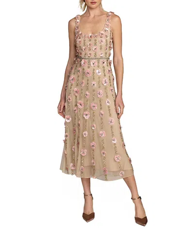 Mac Duggal Beaded Mesh Scoop Neck Sleeveless Midi Dress In Pink