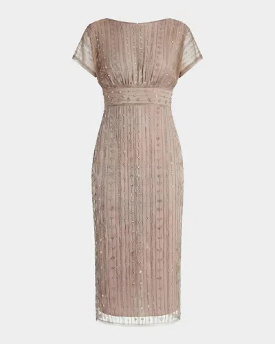 Mac Duggal Beaded Mesh Sheath Midi Dress In Brown