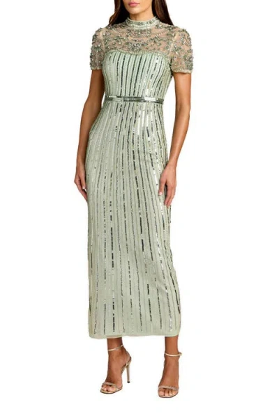 Mac Duggal Beaded Mesh Short Sleeve Mock Neck Midi Dress In Green