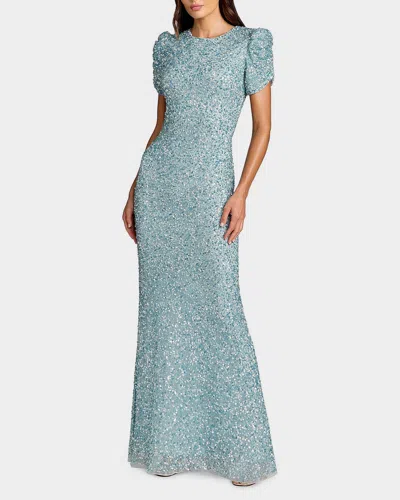 Mac Duggal Embellished Mesh High-neck Short Sleeve Gown In Blue
