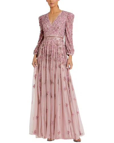 Mac Duggal Embellished V Neck 3/4 Sleeve A Line Gown In Pink