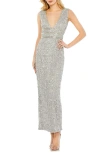 Mac Duggal Beaded Sleeveless T-length Sheath Dress In Platinum