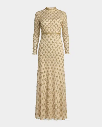 Mac Duggal Beaded Mock-neck Mesh Gown In Yellow
