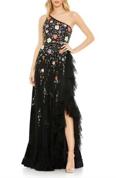 Mac Duggal Beaded One-shoulder Chiffon Gown With Ruffled Slit And Asymmetrical Hem In Black Multi