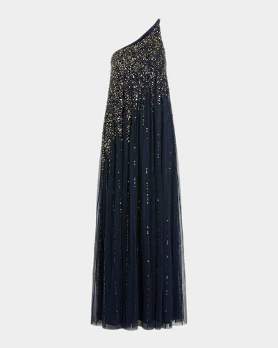Mac Duggal Beaded One-shoulder Tulle Trapeze Gown In Blue