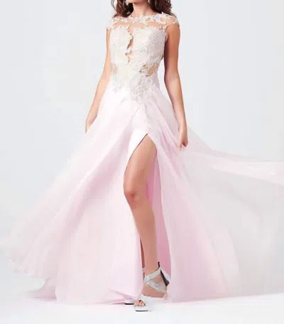 Mac Duggal Beaded Prom Gown With Lace Cutouts & High Slit In Ice Pink