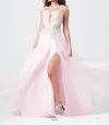 Mac Duggal Beaded Prom Gown With Lace Cutouts & High Slit In Ice Pink In Multi