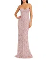 Mac Duggal Beaded Satin Rose Cape Strapless Bustier Gown In Rose