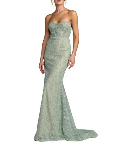 Mac Duggal Beaded Satin Rose Cape Strapless Bustier Gown In Green