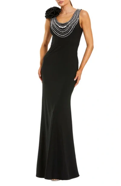 Mac Duggal Beaded Scoop Neck Jersey Gown With 3d Flower In Gold