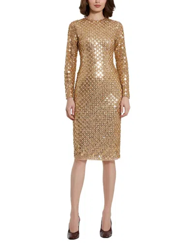 Mac Duggal Beaded Georgette Long Sleeve Fitted Midi Dress In Antique Gold